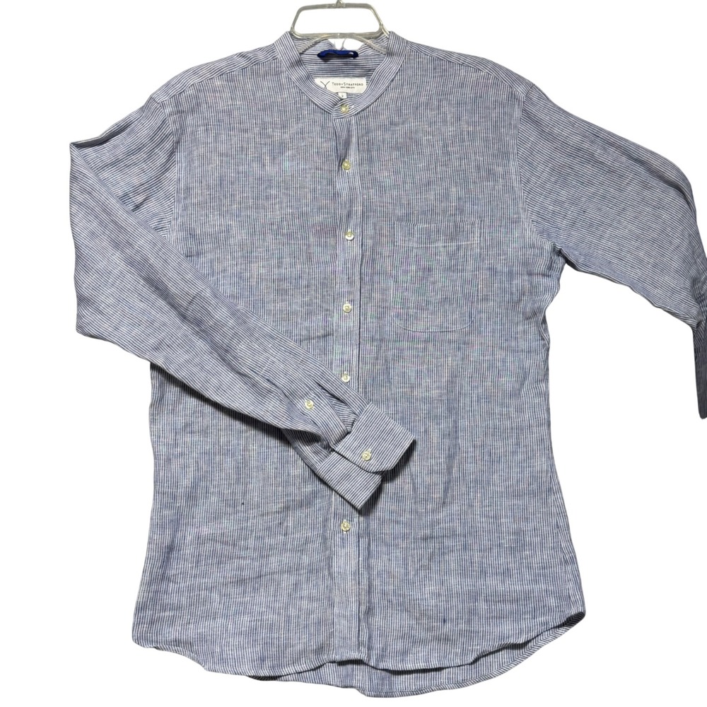 Teddy Stratford Mens Blue White Striped 100% Linen Zip-Front Band Collar Shirt 2
